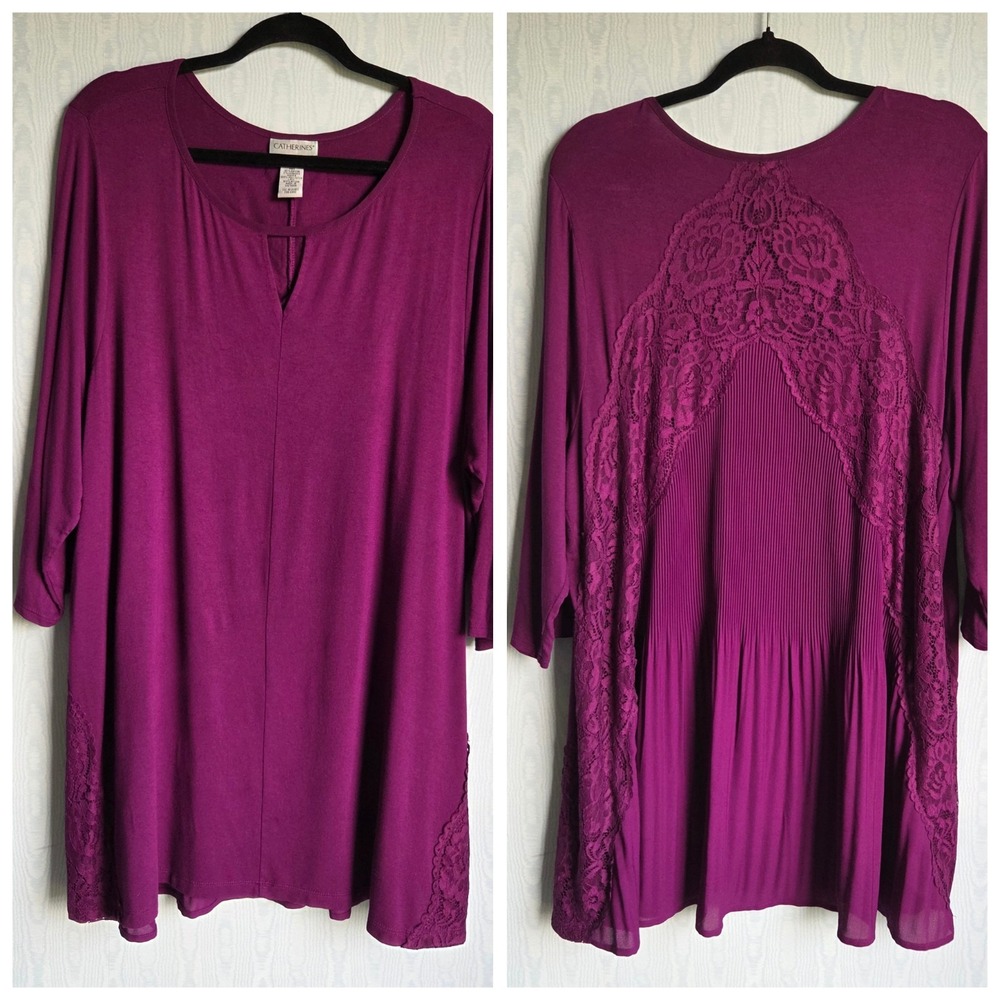 Catherines‎ 1X 18/20W Lace Pleated Jersey Keyhole Purple Fuchsia Pink Tunic Top